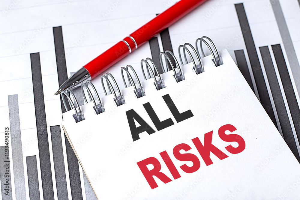 Poster notebook with the words all risks placed on financial charts with a red pen on top