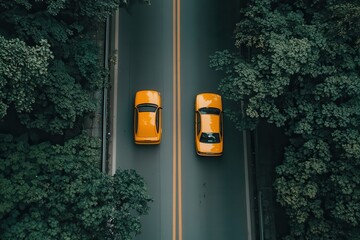 Two yellow cars driving on a road lined with lush green trees. An aerial view.