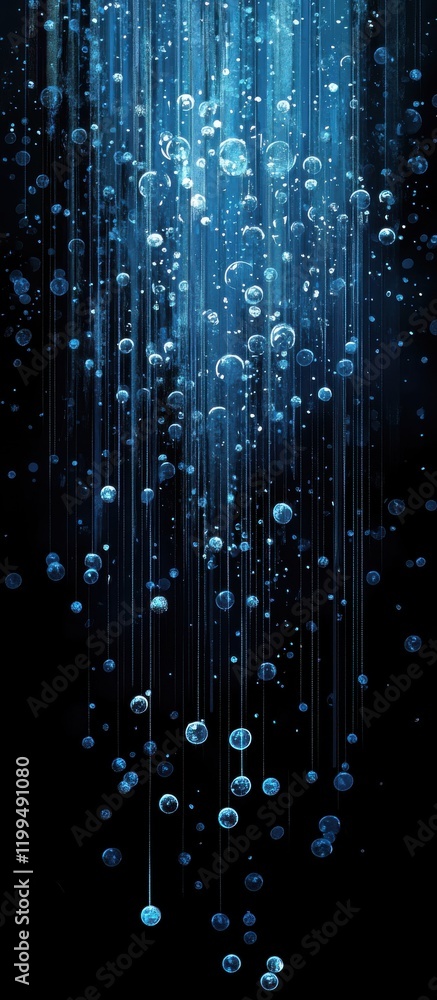 Poster captivating water droplets in blue gradient displaying a stunning vertical flow of bubbles and the s