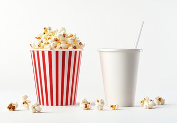 Classic Movie Snack Essentials Featuring Red and White Striped Popcorn Bucket Filled with Fresh Air-Popped Popcorn and a Blank Beverage Cup Ready for Customization