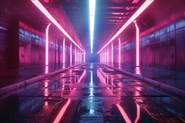 Futuristic dark alley with pink and blue neon lights reflecting on wet pavement
