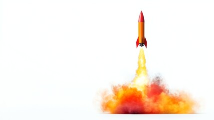 A rocket launching upward, representing business growth and ambition, bold and energetic, red and orange, isolated on white background