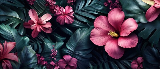 Fototapeta premium Beautiful floral arrangement with pink and red flowers on a dark background highlighting botanical details and elegance