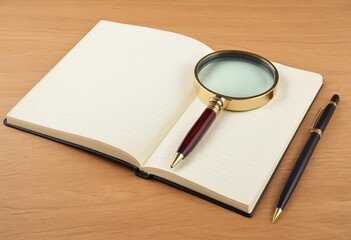 Open the magnifying glass and pen on the blank notebook