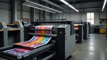 Large format printing machine produces high quality prints. Colorful images printed on sheets of paper. Commercial printing equipment works in printing shop. Modern technology used for high volume