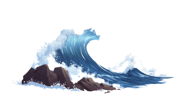 Vibrant wave crashing against rocks, capturing the power of nature in motion, on a white isolated background for die-cut designs.