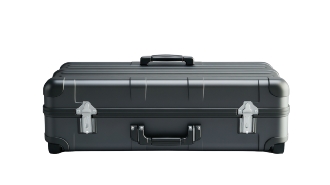 A sleek black suitcase with metallic details, perfect for travel enthusiasts seeking reliable and stylish luggage for their adventures. - Powered by Adobe