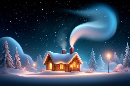 Caba&ntilde;a de madera acogedora cubierta de nieve en una noche estrellada