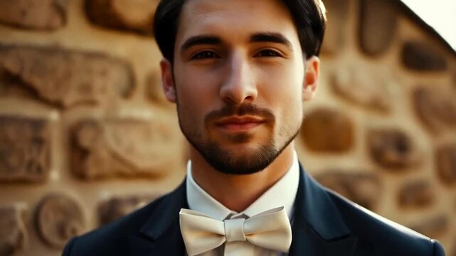 Wedding groom in a tuxedo and white dickie bow tie on his wedding day