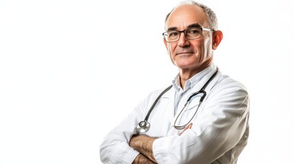 Fototapeta premium A doctor crossing their arms confidently, wearing a stethoscope and glasses, isolated on white,