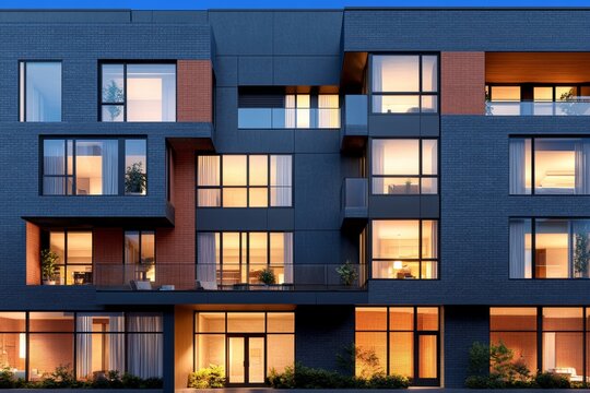 Moderno edificio de gran altura con dise&ntilde;o contempor&aacute;neo en un entorno urbano iluminado al anochecer