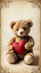 Obraz premium A cute teddy bear holds a red heart in its paws against a vintage background. Perfect for Mother's Day and Valentine's Day, with space for personalized messages.
