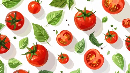 Vibrant Composition of Ripe Cherry Tomatoes and Fresh Basil Leaves