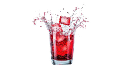 A refreshing red drink with ice cubes splashing in a glass against a white isolated background.