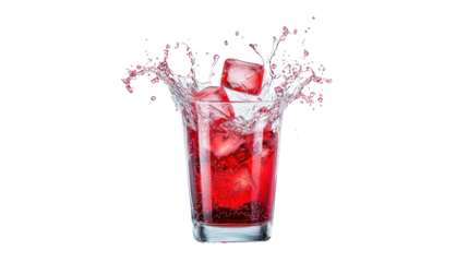 A refreshing red drink with ice cubes splashing in a glass against a white isolated background.