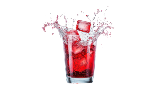 A refreshing red drink with ice cubes splashing in a glass against a white isolated background.