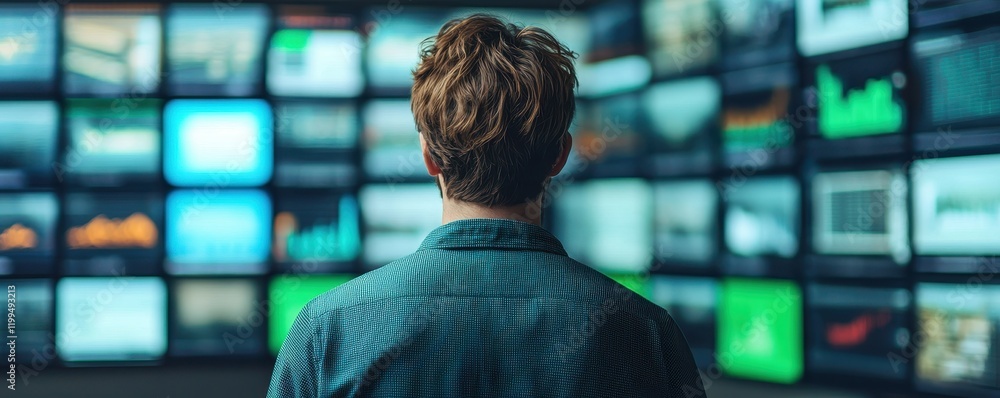 Poster a person stands facing a wall of screens displaying various data and graphics, suggesting a focus on