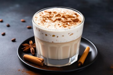 Obraz premium Horchata Latte - Traditional Mexican Beverage with a Twist of Coffee, Almonds, Rice and Vanilla. TexMex Delight for Coffee Lovers on Black Concrete Table