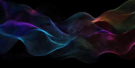 Fototapeta premium An abstract digital background showcasing vibrant lines and dots forming dynamic sound wave patterns, symbolizing data flow and information exchange, set against a sleek black backdrop