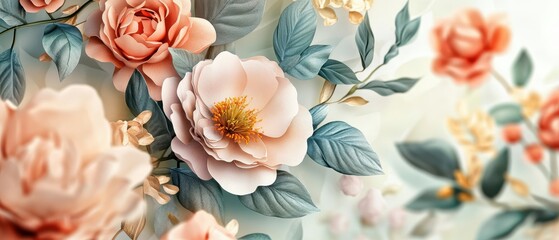 Beautiful floral watercolor painting featuring soft hues of orange and green with delicate leaves and blossoms on a pastel background