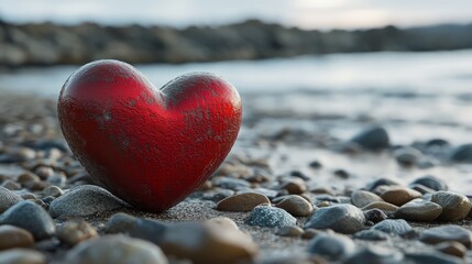 Fototapeta premium Scattered along the sandy shore, smooth, heart-shaped stones glisten under the soft glow of the setting sun. 