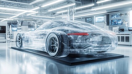 Transparent 3D model of a car on a platform in a high-tech automotive facility, showcasing intricate vehicle design and engineering details.