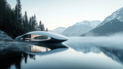 Obraz premium Futuristic lakeside house with mountain view at dawn.