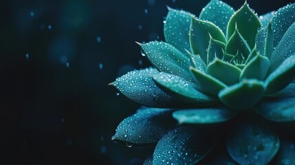 Close-up of a succulent plant with water droplets on its leaves, dark background.
