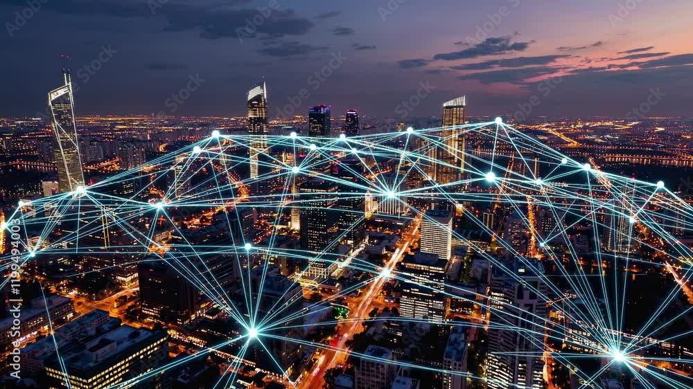 Poster illuminated network lines connecting metropolitan buildings, glowing with digital communication sign