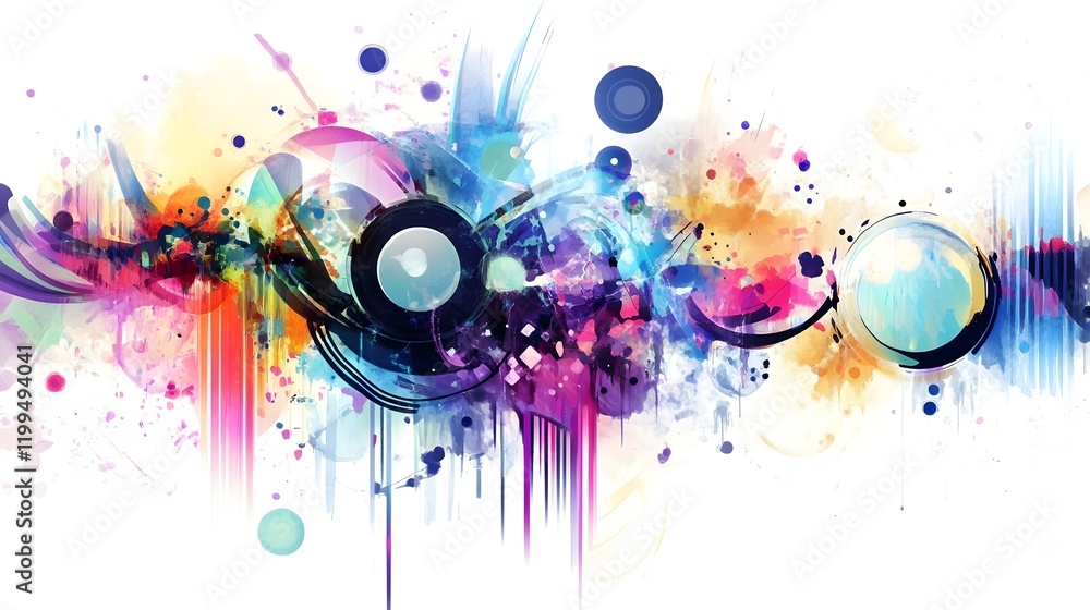 Poster a vibrant abstract design featuring colorful splashes and circular elements.