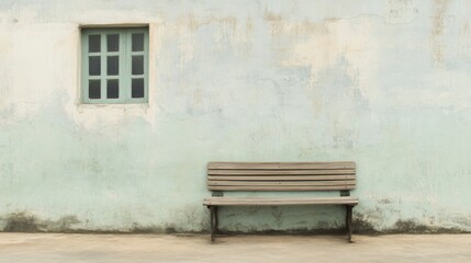 Simple wooden bench against a weathered teal wall with a small window.