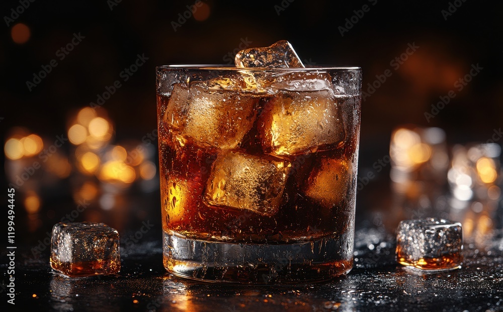 Poster close-up of a glass of dark whiskey with ice cubes on a reflective surface surrounded by gentle glow