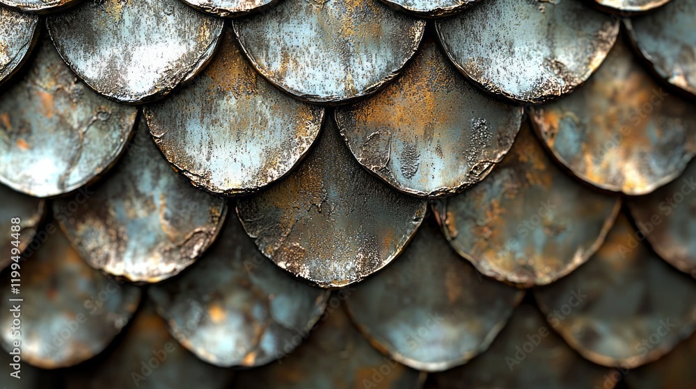 Poster intricately layered scales in metallic hues create an enchanting surface that reflects light and sha