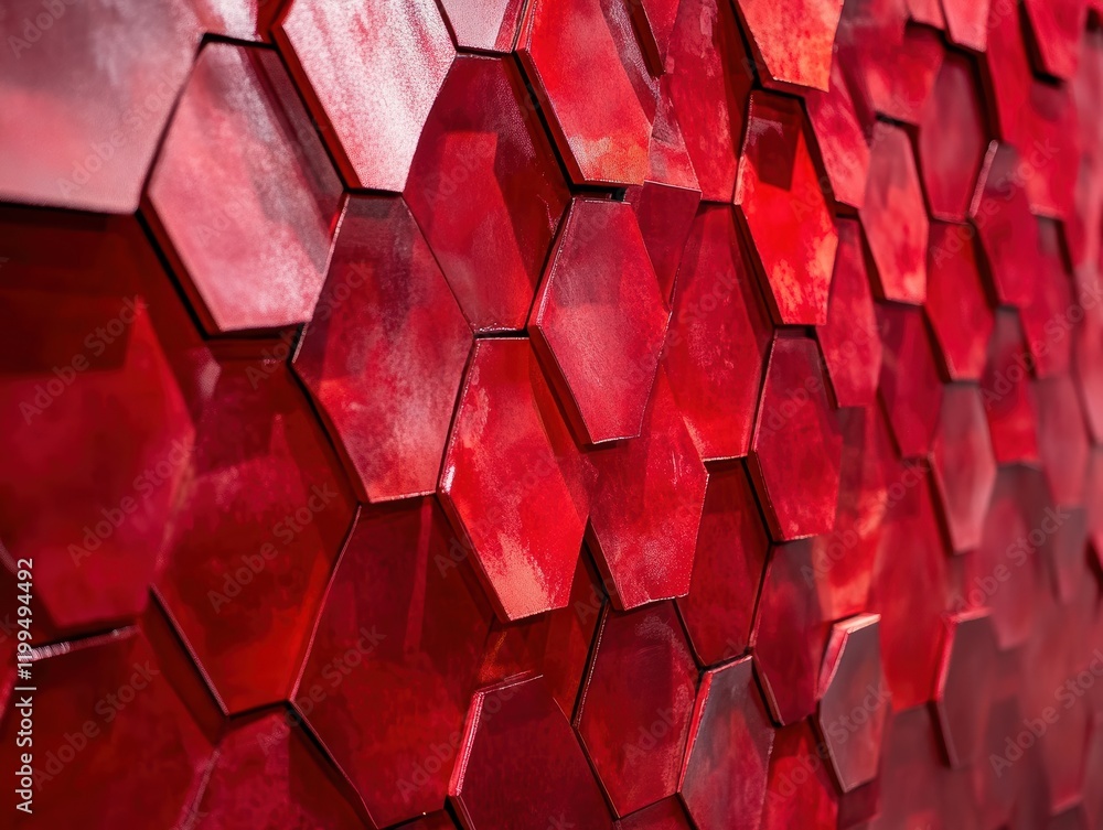 Poster abstract close-up view of dynamic red hexagonal backdrop in high fidelity gigapixel