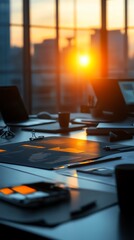 Corporate innovation meeting, glowing translucent tools, advanced professional setup, 3D illustration