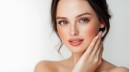 Naklejka premium A stunning middle-aged woman with flawless skin and a gentle smile, posing against a light background.