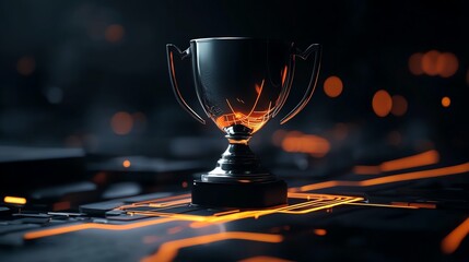 Corporate success story, glowing trophy surrounded by futuristic elements, 3D illustration