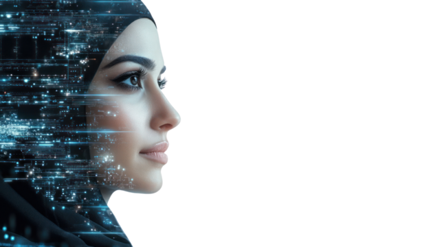 A digital portrait of a woman in a hijab, blending traditional elegance with futuristic technology and data visualization on a dark background.