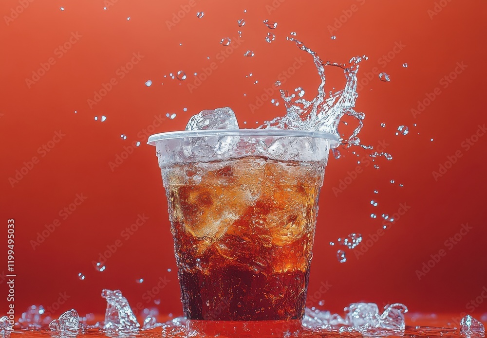 Poster close-up of a refreshing cold beverage with ice cubes creating splashes in a clear cup against a vib