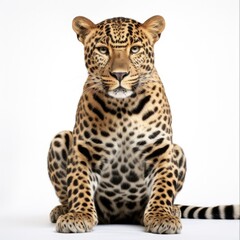 Fototapeta premium Leopard Sitting in Studio: Isolated Big Cat with Half Face, Looking Away on Cut-Out White Background
