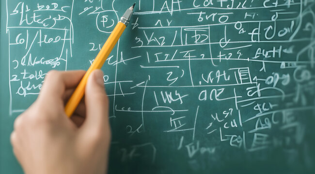 A hand holding a pencil writes complex mathematical equations on a green chalkboard, illustrating problem-solving and academic focus.