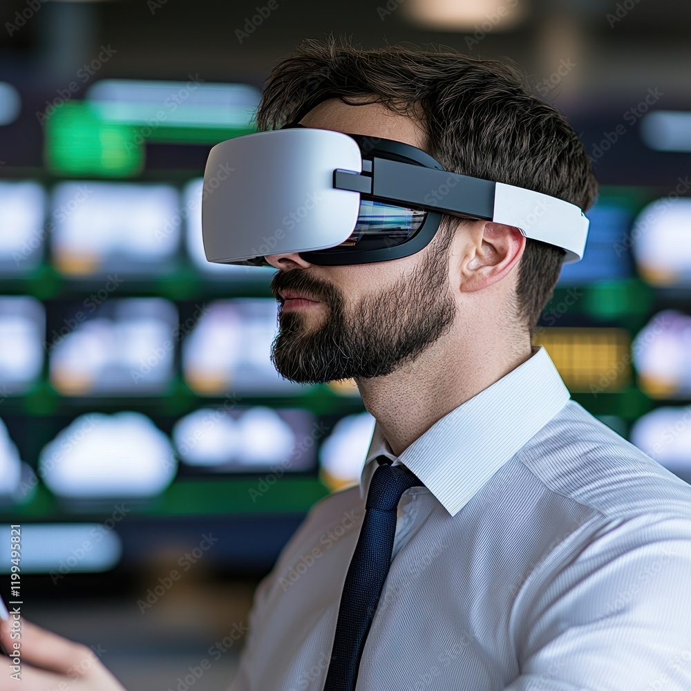 Poster a man wearing virtual reality goggles engages with technology in a modern setting, surrounded by dig