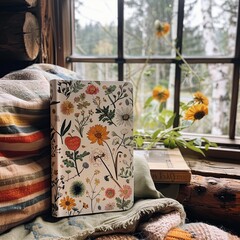 Floral journal on cozy window seat.