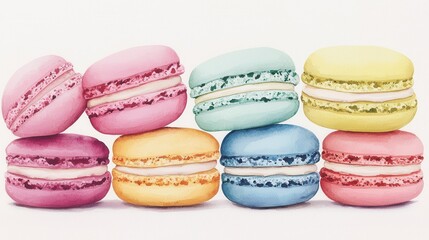 Obraz premium Delicately Stacked Macarons in Soft Pastel Colors Presenting an Inviting and Colorful Display of Confectionary Artistry