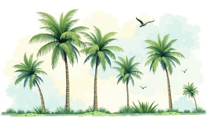 A serene landscape with six tall, slender palm trees stretching towards the sky; one stands solo to the right, creating an elegant outdoor vista at eye level.  