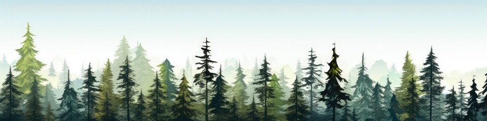 Fototapeta premium Majestic Tree Line in Winter Forest Landscape with Snowy Mountains and Green Pine Trees Under Blue Sky
