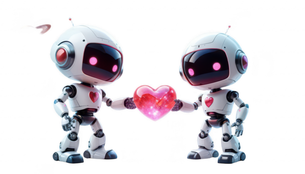 Two cartoon robots, each holding a glowing heart in their hands, exchanging a tender smile, with a cosmic backdrop of stars and planets, on a white transparent background PNG.