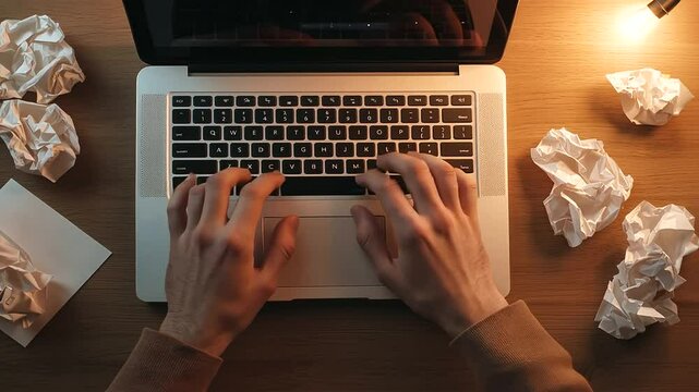 Screenwriter brainstorming ideas at night with laptop and papers