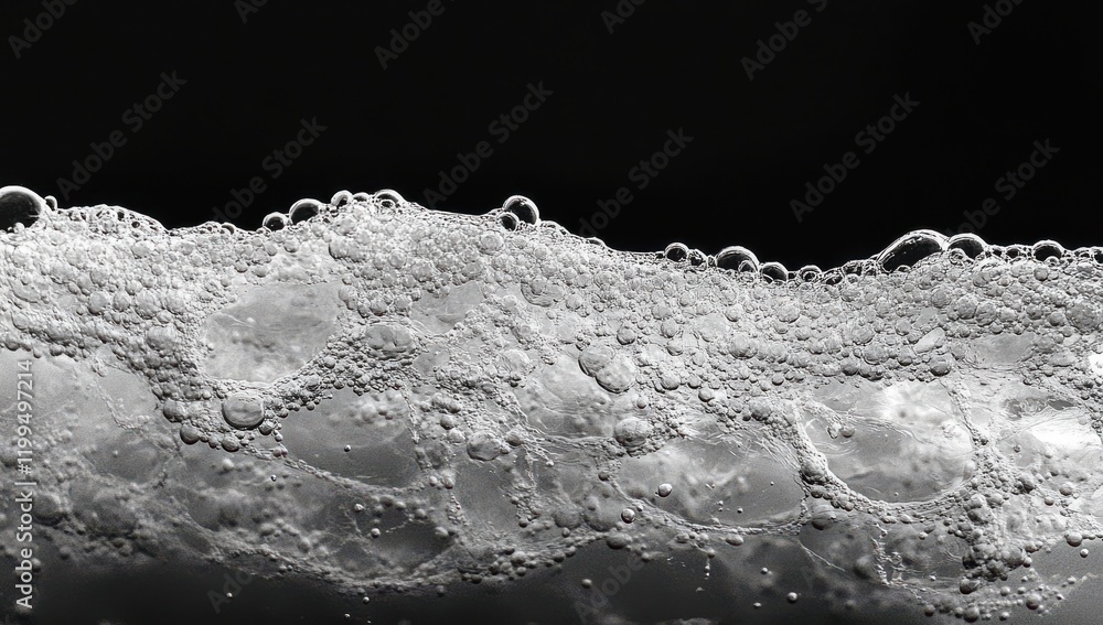 Aufkleber close-up of bubbles and foam on a dark background, capturing the textures and reflections in monochr
