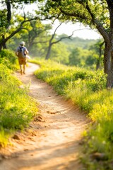 Fototapeta premium Un excursionista recoge basura mientras camina por un sendero en un bosque verde al atardecer